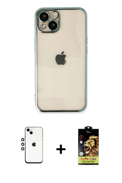 ieg™ iPhone 14 Kılıf Vadi Minimal - Siyah Buffer Cam Ekran Koruyucu + Gümüş Shine Kamera Lens