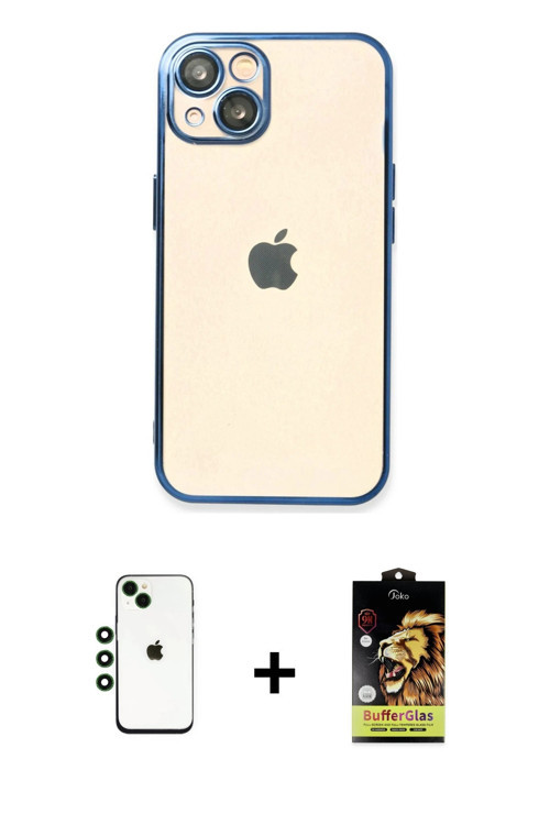 ieg™ iPhone 14 Kılıf Vadi Minimal - Siyah Buffer Cam Ekran Koruyucu + Yeşil Shine Kamera Lens