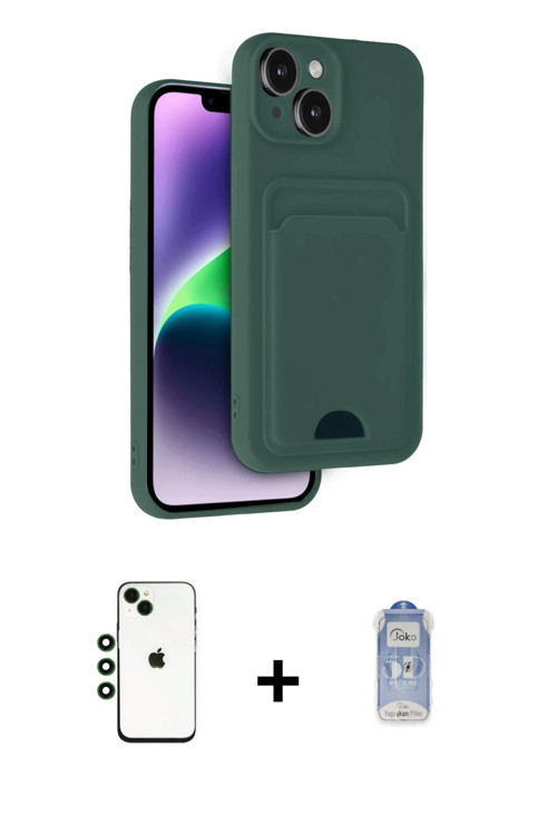 ieg™ iPhone 14 Kılıf Vadi Çizgi Prime - Siyah Joko Magic 5D Cam + Yeşil Shine Kamera Lens