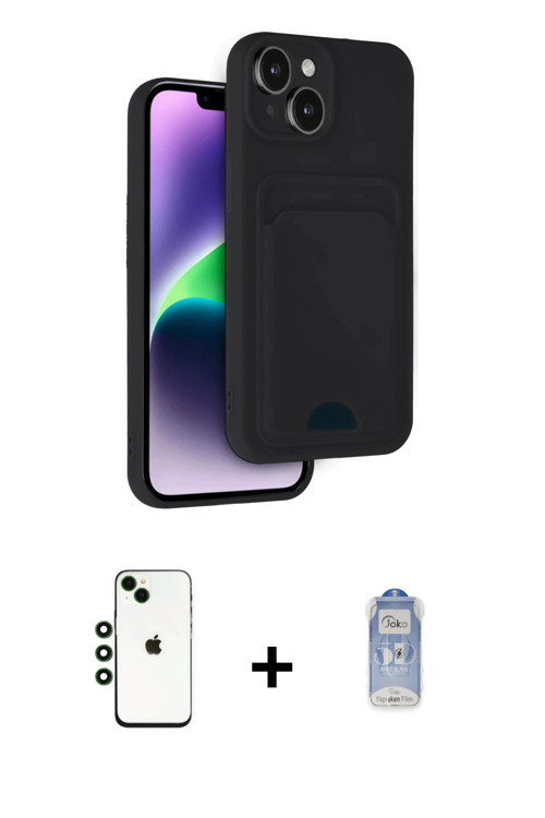 ieg™ iPhone 14 Kılıf Vadi Çizgi Prime - Siyah Joko Magic 5D Cam + Yeşil Shine Kamera Lens
