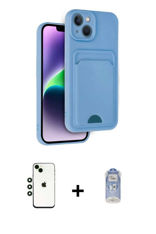 ieg™ iPhone 14 Kılıf Vadi Çizgi Prime - Siyah Joko Magic 5D Cam + Yeşil Shine Kamera Lens