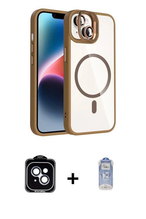 ieg™ iPhone 14 Kılıf Yadigar Asil Koleksiyonu - Siyah Joko Magic 5D Cam + Mavi PVD Metal Kamera Lens
