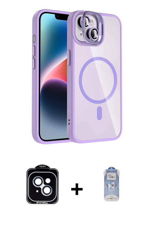 ieg™ iPhone 14 Kılıf Yadigar Asil Koleksiyonu - Siyah Joko Magic 5D Cam + Mavi PVD Metal Kamera Lens