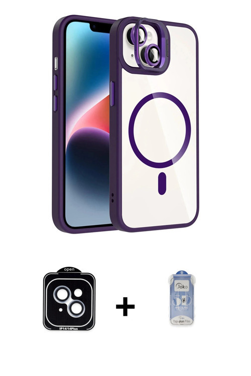 ieg™ iPhone 14 Kılıf Yadigar Asil Koleksiyonu - Siyah Joko Magic 5D Cam + Mavi PVD Metal Kamera Lens