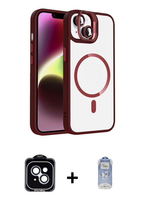 ieg™ iPhone 14 Kılıf Yadigar Asil Koleksiyonu - Siyah Joko Magic 5D Cam + Mavi PVD Metal Kamera Lens