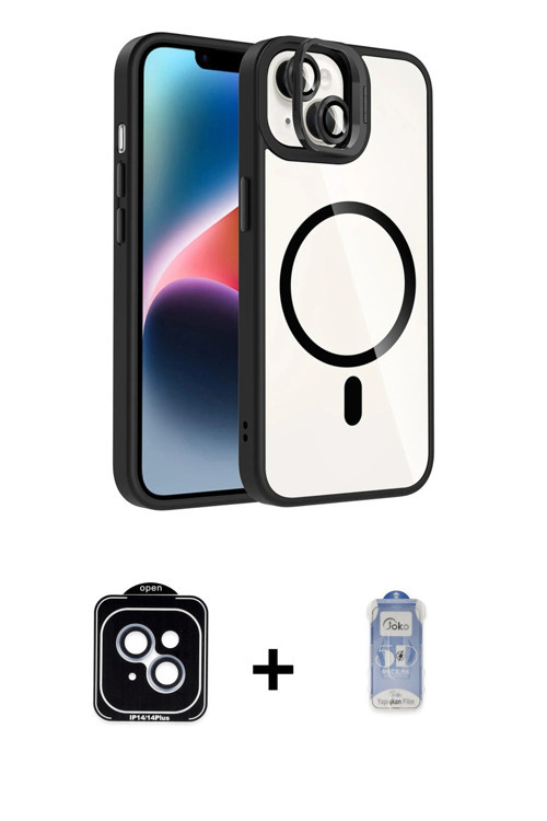 ieg™ iPhone 14 Kılıf Yadigar Asil Koleksiyonu - Siyah Joko Magic 5D Cam + Mavi PVD Metal Kamera Lens