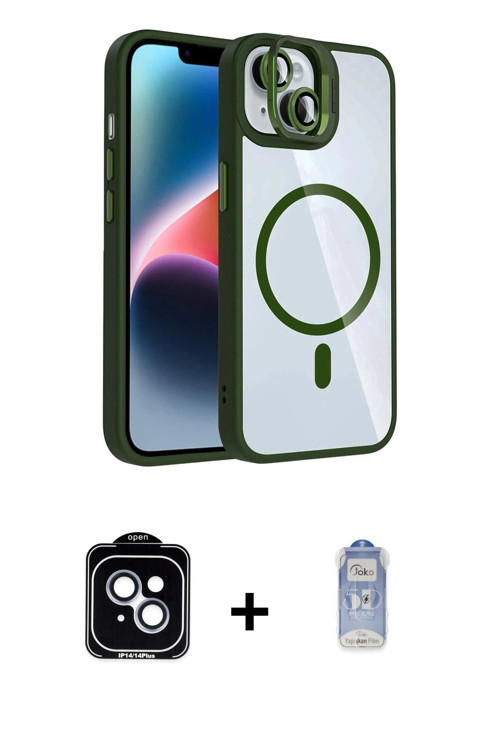 ieg™ iPhone 14 Kılıf Yadigar Asil Koleksiyonu - Siyah Joko Magic 5D Cam + Mavi PVD Metal Kamera Lens