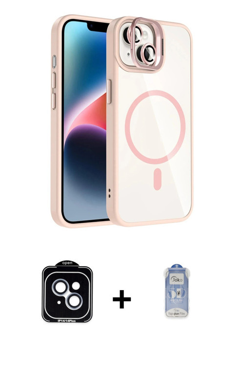 ieg™ iPhone 14 Kılıf Yadigar Asil Koleksiyonu - Siyah Joko Magic 5D Cam + Mavi PVD Metal Kamera Lens
