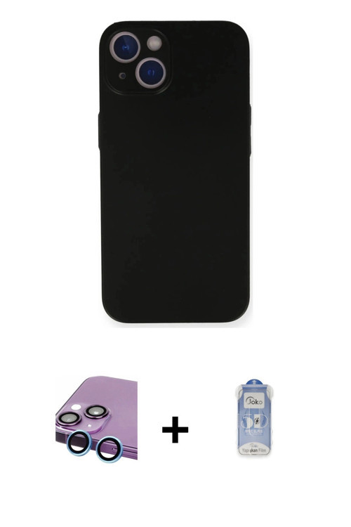 ieg™ iPhone 14 Kılıf Yadigar Yansıma Serisi - Siyah Joko Magic 5D Cam + Mavi Raze Metal Kamera Lens