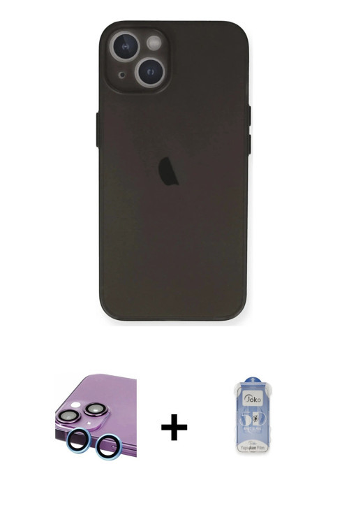 ieg™ iPhone 14 Kılıf Yadigar Yansıma Serisi - Siyah Joko Magic 5D Cam + Mavi Raze Metal Kamera Lens