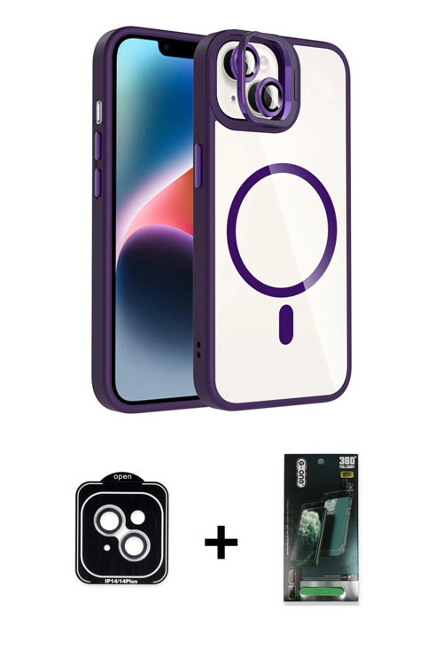 ieg™ iPhone 14 Kılıf Yadigar Asil Koleksiyonu - Şeffaf 360 Full Body Arka Koruyucu + Gümüş PVD Metal