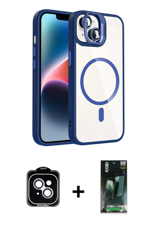ieg™ iPhone 14 Kılıf Yadigar Asil Koleksiyonu - Şeffaf 360 Full Body Arka Koruyucu + Gümüş PVD Metal