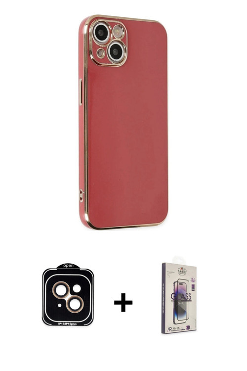 ieg™ iPhone 14 Kılıf Yankı Serisi - Siyah Bilvis 3D Cam Ekran Koruyucu + Turuncu PVD Metal Kamera Le