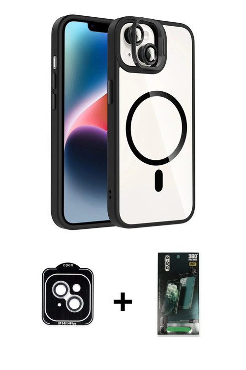 ieg™ iPhone 14 Kılıf Yadigar Asil Koleksiyonu - Şeffaf 360 Full Body Arka Koruyucu + Gümüş PVD Metal