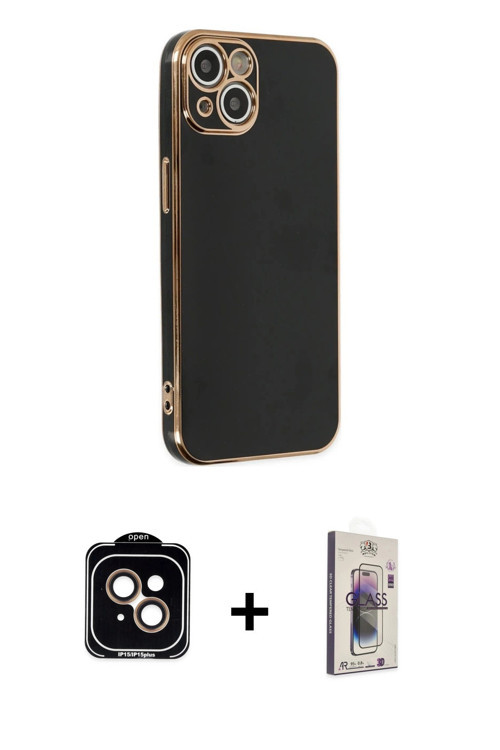 ieg™ iPhone 14 Kılıf Yankı Serisi - Siyah Bilvis 3D Cam Ekran Koruyucu + Turuncu PVD Metal Kamera Le