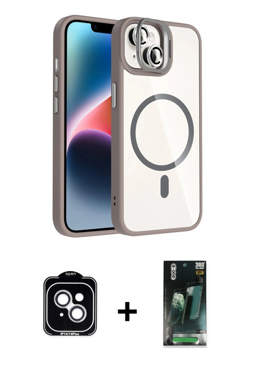 ieg™ iPhone 14 Kılıf Yadigar Asil Koleksiyonu - Şeffaf 360 Full Body Arka Koruyucu + Gümüş PVD Metal
