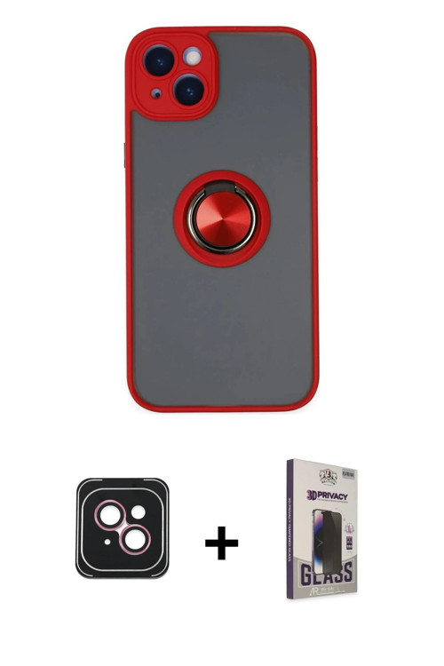 ieg™ iPhone 14 Kılıf Yörünge Çizgi - Siyah Bilvis Hayalet Cam Ekran Koruyucu + Pembe PVD Metal Kamer