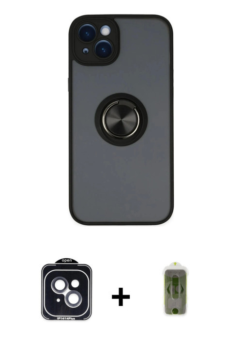 ieg™ iPhone 14 Kılıf Yörünge Çizgi - Siyah Joko Magic 5D Hayalet Cam + Siyah PVD Metal Kamera Lens