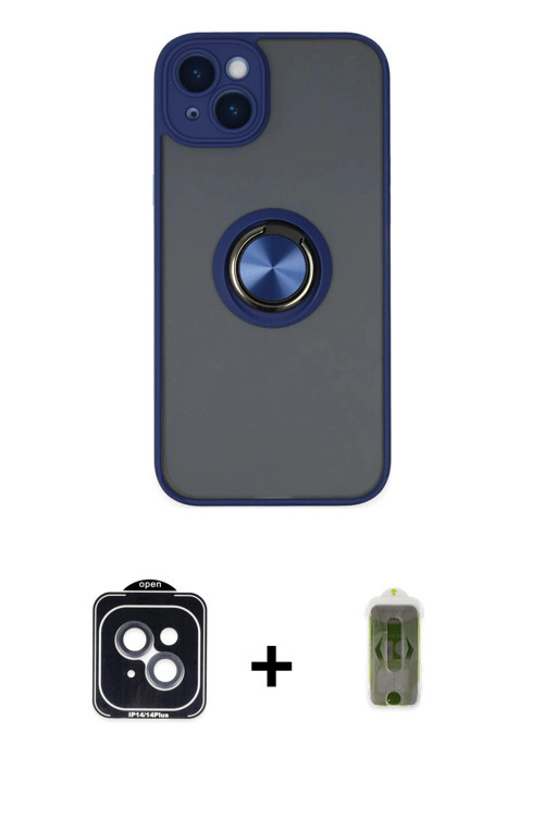 ieg™ iPhone 14 Kılıf Yörünge Çizgi - Siyah Joko Magic 5D Hayalet Cam + Siyah PVD Metal Kamera Lens