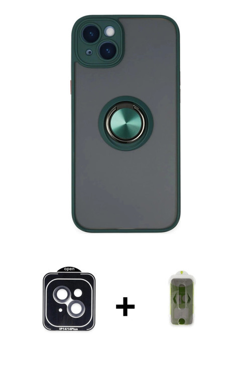 ieg™ iPhone 14 Kılıf Yörünge Çizgi - Siyah Joko Magic 5D Hayalet Cam + Siyah PVD Metal Kamera Lens