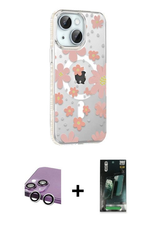 ieg™ iPhone 14 Kılıf Yörünge Işık Prime - Şeffaf 360 Full Body Arka Koruyucu + Gümüş Raze Metal Kame