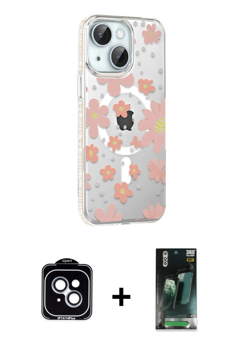ieg™ iPhone 14 Kılıf Yörünge Işık Prime - Şeffaf 360 Full Body Arka Koruyucu + Mavi PVD Metal Kamera