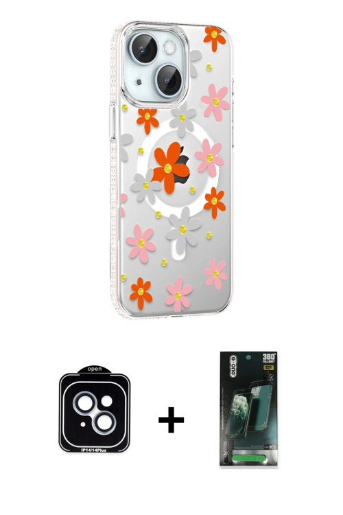 ieg™ iPhone 14 Kılıf Yörünge Işık Prime - Şeffaf 360 Full Body Arka Koruyucu + Mavi PVD Metal Kamera