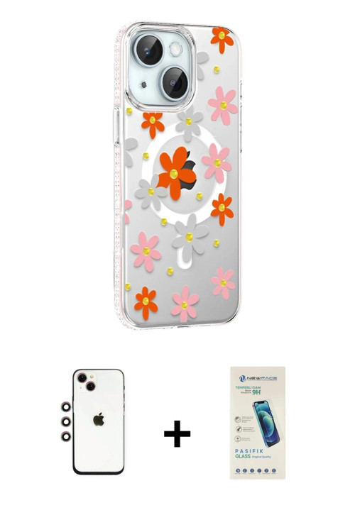 ieg™ iPhone 14 Kılıf Yörünge Işık Prime - Şeffaf Pasifik Cam Ekran Koruyucu + Gökkuşağı Shine Kamera