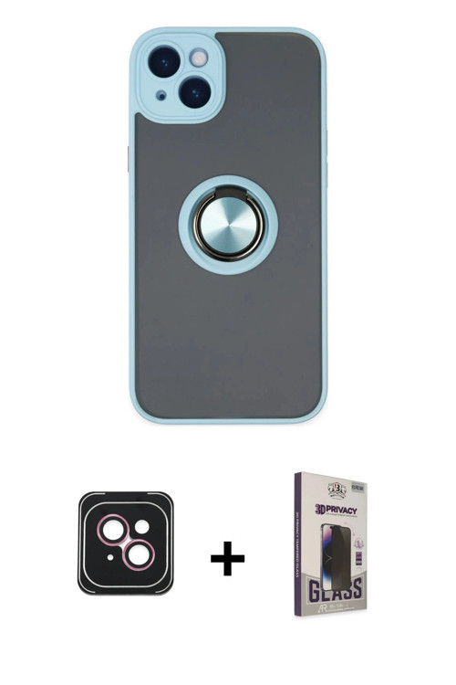 ieg™ iPhone 14 Kılıf Yörünge Çizgi - Siyah Bilvis Hayalet Cam Ekran Koruyucu + Pembe PVD Metal Kamer