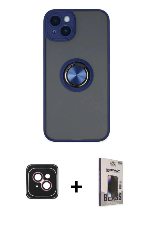 ieg™ iPhone 14 Kılıf Yörünge Çizgi - Siyah Bilvis Hayalet Cam Ekran Koruyucu + Pembe PVD Metal Kamer