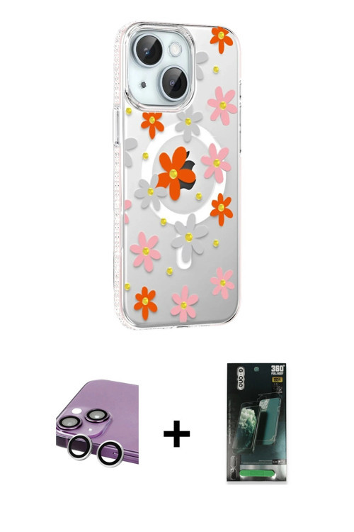 ieg™ iPhone 14 Kılıf Yörünge Işık Prime - Şeffaf 360 Full Body Arka Koruyucu + Gümüş Raze Metal Kame