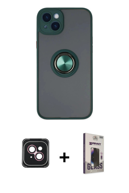 ieg™ iPhone 14 Kılıf Yörünge Çizgi - Siyah Bilvis Hayalet Cam Ekran Koruyucu + Pembe PVD Metal Kamer