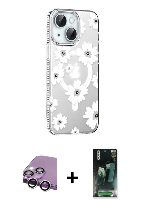 ieg™ iPhone 14 Kılıf Yörünge Işık Prime - Şeffaf 360 Full Body Arka Koruyucu + Gümüş Raze Metal Kame
