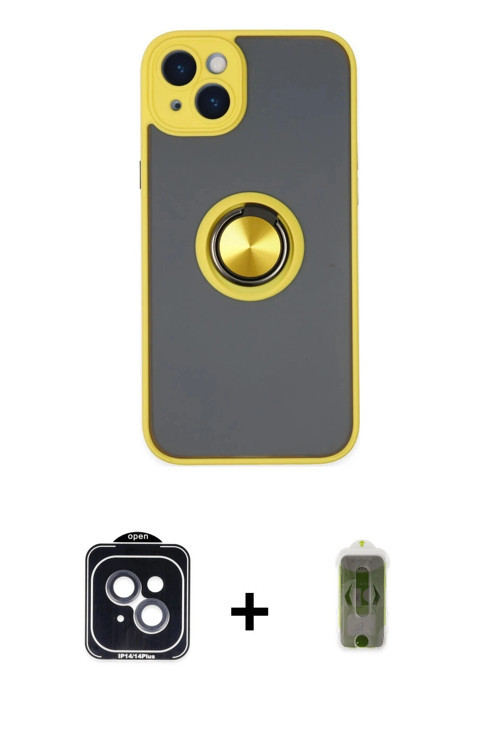 ieg™ iPhone 14 Kılıf Yörünge Çizgi - Siyah Joko Magic 5D Hayalet Cam + Siyah PVD Metal Kamera Lens