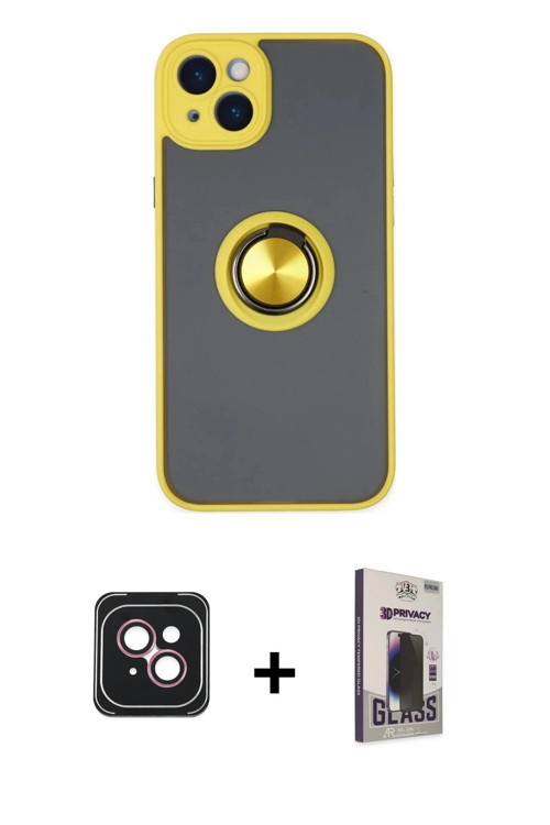 ieg™ iPhone 14 Kılıf Yörünge Çizgi - Siyah Bilvis Hayalet Cam Ekran Koruyucu + Pembe PVD Metal Kamer
