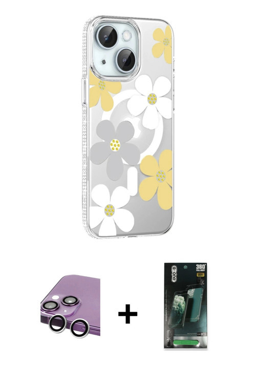 ieg™ iPhone 14 Kılıf Yörünge Işık Prime - Şeffaf 360 Full Body Arka Koruyucu + Gümüş Raze Metal Kame