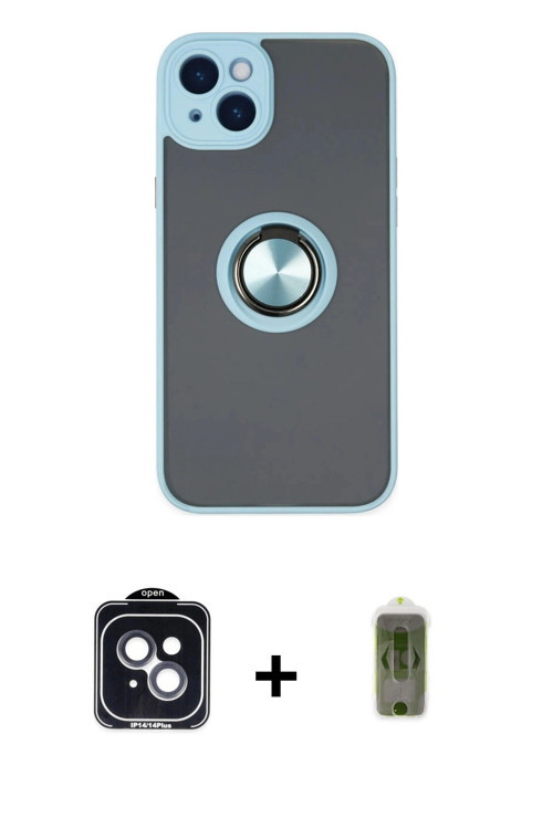 ieg™ iPhone 14 Kılıf Yörünge Çizgi - Siyah Joko Magic 5D Hayalet Cam + Siyah PVD Metal Kamera Lens