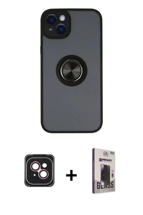 ieg™ iPhone 14 Kılıf Yörünge Çizgi - Siyah Bilvis Hayalet Cam Ekran Koruyucu + Pembe PVD Metal Kamer