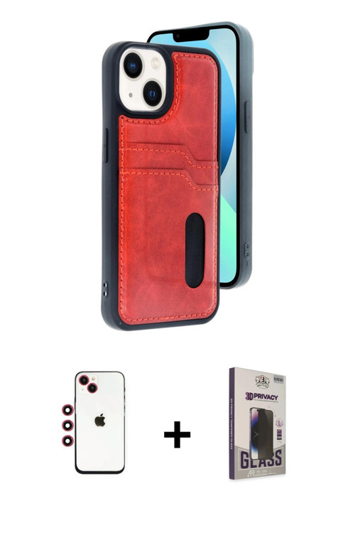 ieg™ iPhone 14 Kılıf Yörünge Işık Serisi - Siyah Bilvis Hayalet Cam Ekran Koruyucu + Kırmızı Shine K