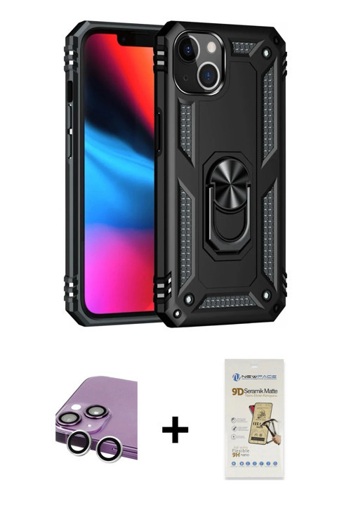 ieg™ iPhone 14 Plus Kılıf Ahenk Klasik Koleksiyonu - Siyah Mat Seramik Nano Ekran Koruyucu + Gümüş R