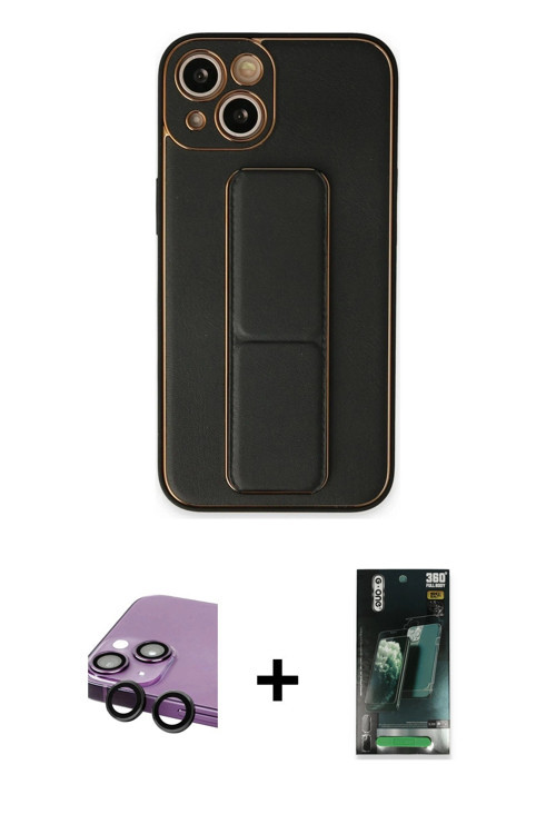 ieg™ iPhone 14 Plus Kılıf Akış Doku - Siyah 360 Mat Full Body Arka Koruyucu + Siyah Raze Metal Kamer