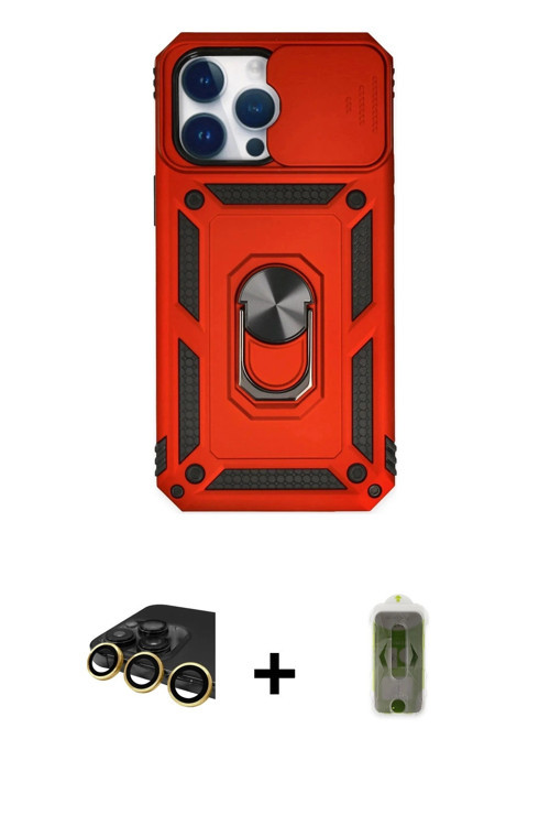 ieg™ iPhone 14 Pro Kılıf Ahenk Klasik - Siyah Joko Magic 5D Hayalet Cam + Gold Raze Metal Kamera Len