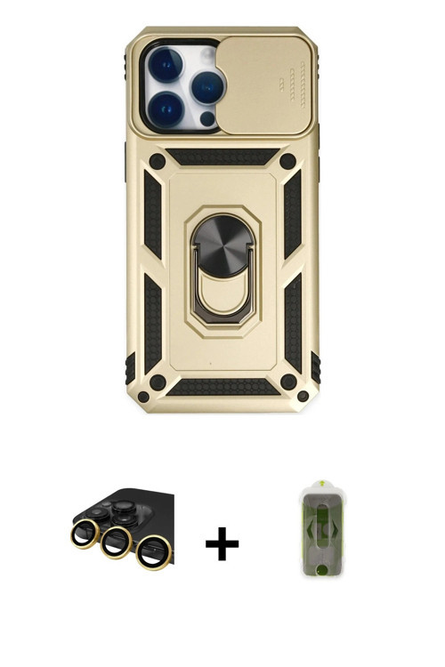 ieg™ iPhone 14 Pro Kılıf Ahenk Klasik - Siyah Joko Magic 5D Hayalet Cam + Gold Raze Metal Kamera Len