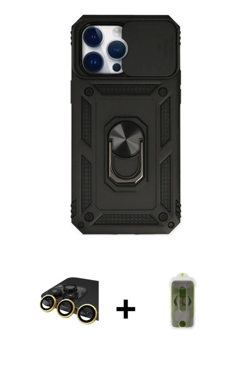 ieg™ iPhone 14 Pro Kılıf Ahenk Klasik - Siyah Joko Magic 5D Hayalet Cam + Gold Raze Metal Kamera Len