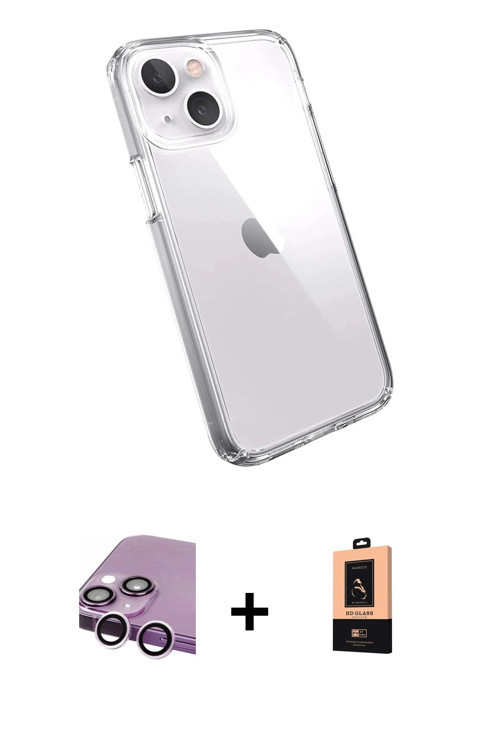 ieg™ iPhone 14 Plus Kılıf Zirve Doku - Şeffaf Maxco Cam Ekran Koruyucu + Mor Raze Metal Kamera Lens