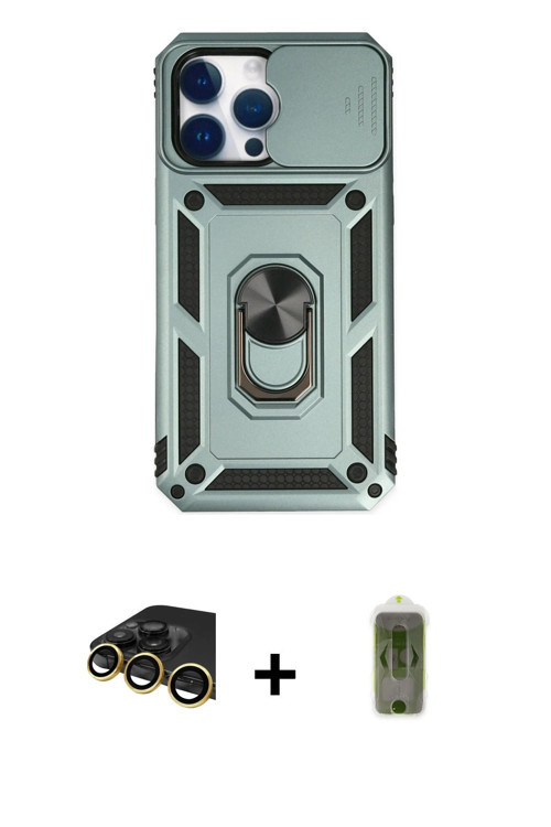 ieg™ iPhone 14 Pro Kılıf Ahenk Klasik - Siyah Joko Magic 5D Hayalet Cam + Gold Raze Metal Kamera Len