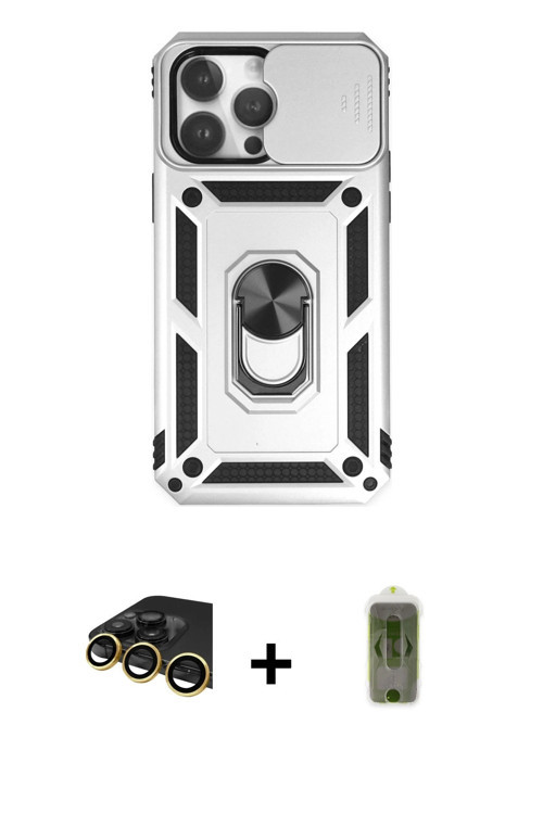 ieg™ iPhone 14 Pro Kılıf Ahenk Klasik - Siyah Joko Magic 5D Hayalet Cam + Gold Raze Metal Kamera Len