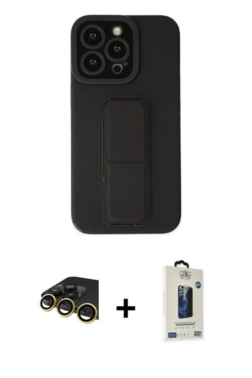 ieg™ iPhone 14 Pro Kılıf Çekirdek Yansıma - Siyah Bilvis Hayalet Cam Ekran Koruyucu + Gold Raze Meta