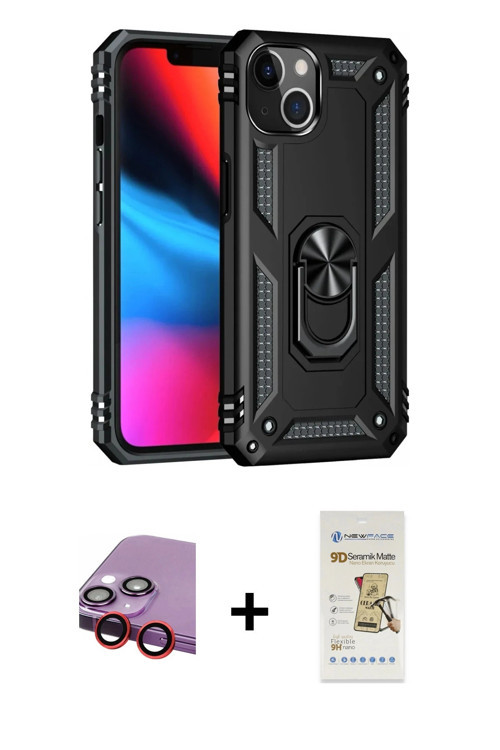 ieg™ iPhone 14 Plus Kılıf Ahenk Klasik Koleksiyonu - Siyah Mat Seramik Nano Ekran Koruyucu + Kırmızı