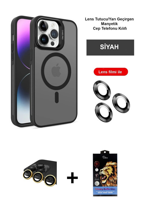 ieg™ iPhone 14 Pro Kılıf Akış Form - Siyah Buffer Hayalet Cam Ekran Koruyucu + Gold Raze Metal Kamer